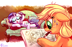 Size: 1500x975 | Tagged: safe, artist:whitediamonds, applejack, rarity, earth pony, pony, unicorn, close enough, draw me like one of your french girls, eyes closed, eyeshadow, female, floppy ears, freckles, hilarious in hindsight, lesbian, makeup, mare, mouth hold, nailed it, obligatory apple, open mouth, pencil, rarijack, rarijack daily, shipping, sofa, stylistic suck, sweat, sweatdrop, titanic