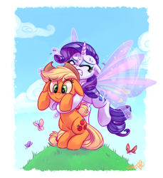 Size: 1600x1750 | Tagged: safe, artist:whitediamonds, applejack, rarity, butterfly, earth pony, pony, unicorn, blushing, butterfly wings, eyes closed, female, flying, glimmer wings, gritted teeth, lesbian, mare, rarijack, rarijack daily, shipping, smiling, straining, sweat