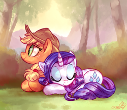 Size: 1450x1250 | Tagged: safe, artist:whitediamonds, applejack, rarity, earth pony, pony, unicorn, female, forest, lesbian, rarijack, rarijack daily, scenery, shipping, sleeping