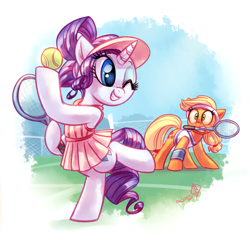 Size: 1225x1175 | Tagged: safe, artist:whitediamonds, applejack, rarity, earth pony, pony, unicorn, bipedal, clothes, dress, female, grin, lesbian, mouth hold, rarijack, rarijack daily, shipping, smiling, tennis, tennis ball, tennis racket