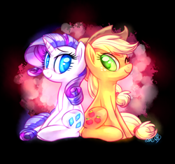 Size: 1250x1175 | Tagged: safe, artist:whitediamonds, applejack, rarity, earth pony, pony, unicorn, female, glow, hat, lesbian, looking at you, mare, rarijack, rarijack daily, shipping, sitting, smiling, wink