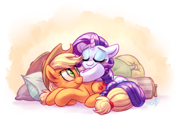 Size: 1825x1275 | Tagged: safe, artist:whitediamonds, applejack, rarity, earth pony, pony, unicorn, eyes closed, female, hat, lesbian, mare, pillow, prone, rarijack, rarijack daily, shipping, smiling