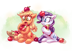 Size: 1800x1275 | Tagged: safe, artist:whitediamonds, applejack, rarity, earth pony, pony, unicorn, apple, duo, female, hat, horn impalement, lesbian, mare, open mouth, rarijack, rarijack daily, shipping, sitting, sweat, that pony sure does love apples, why can't i hold all these x