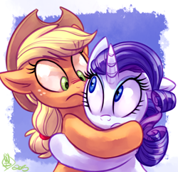 Size: 800x775 | Tagged: safe, artist:whitediamonds, applejack, rarity, earth pony, pony, unicorn, look before you sleep, female, hat, hug, lesbian, mare, rarijack, rarijack daily, shipping