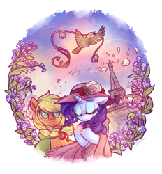 Size: 1575x1700 | Tagged: safe, artist:whitediamonds, applejack, rarity, earth pony, pony, unicorn, clothes, crying, dress, eiffel tower, female, flower, in memoriam, in memory, lesbian, paris, rarijack, rarijack daily, shipping, wreath