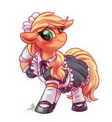 Size: 729x800 | Tagged: safe, artist:whitediamonds, applejack, earth pony, pony, blushing, clothes, cute, dress, embarrassed, female, floppy ears, jackabetes, looking at you, maid, maid outfit, mare, mary janes, simple background, skirt, smiling, socks, solo, stockings, sweat, sweatdrop, white background