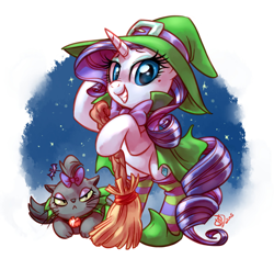 Size: 1024x1007 | Tagged: safe, artist:whitediamonds, opalescence, rarity, pony, unicorn, beauty mark, bipedal, broom, clothes, costume, grin, nightmare night, nightmare night costume, socks, striped socks, witch