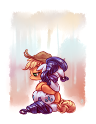 Size: 2700x3500 | Tagged: safe, artist:whitediamonds, applejack, rarity, earth pony, pony, unicorn, abstract background, female, floppy ears, frown, hug, lesbian, rarijack, rarijack daily, sad, shipping, sitting