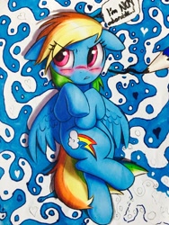 Size: 1024x1365 | Tagged: dead source, safe, artist:captainpudgemuffin, artist:project-parallel, artist:whitediamonds, rainbow dash, pegasus, pony, abstract background, blatant lies, blushing, cute, dashabetes, i'm not cute, on back, pencil, solo, trace, traditional art, tsunderainbow, tsundere