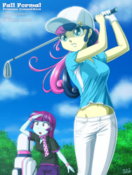 Size: 900x1200 | Tagged: safe, artist:uotapo, bon bon, mystery mint, sweetie drops, equestria girls, background human, belly button, cap, clothes, cloud, cloudy, fall formal, fall formal princess competition, female, gloves, golf, golf club, hat, midriff, open mouth, pants, sky, tree