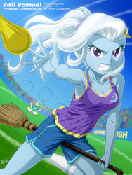 Size: 900x1200 | Tagged: safe, artist:uotapo, snails, trixie, equestria girls, armpits, blue skin, blue sky, breasts, broom, calm, cleavage, clothes, comedy, crossover, determined, eyes closed, fall formal, fall formal princess competition, female, funny, happy, harry potter, meditating, muggle quidditch, nimbus 2000, ponytail, purple eyes, quidditch, serious, serious face, shorts, sitting, smiling, socks, sports bra, tanktop, uniform