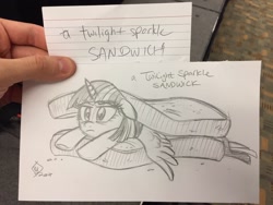 Size: 1280x960 | Tagged: safe, artist:whitediamonds, twilight sparkle, twilight sparkle (alicorn), alicorn, pony, female, food, mare, sandwich, sketch, sketches from a hat, solo, spread wings, traditional art, twilight is not amused, unamused, wings