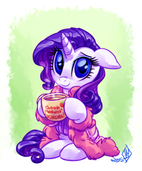 Size: 1000x1200 | Tagged: safe, artist:whitediamonds, rarity, pony, unicorn, accent, bathrobe, clothes, cute, female, floppy ears, hoof hold, implied applejack, implied lesbian, implied rarijack, implied shipping, looking at you, mare, morning, morning ponies, mug, raribetes, robe, sitting, smiling, solo, sugarcube