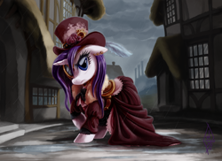 Size: 1858x1350 | Tagged: safe, artist:whitediamonds, rarity, pony, unicorn, clothes, commission, dress, ear piercing, factory, feather, female, hat, mare, monocle, piercing, rain, solo, steampunk, street, top hat, wet, wet mane, wet mane rarity
