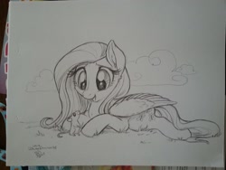 Size: 960x720 | Tagged: safe, artist:whitediamonds, fluttershy, mouse, pegasus, pony, cloud, commission, ear fluff, female, grass, grayscale, mare, monochrome, prone, signature, traditional art