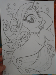 Size: 1536x2048 | Tagged: safe, artist:whitediamonds, rarity, seapony (g4), unicorn, my little pony: the movie, female, grayscale, jewelry, looking at you, monochrome, necklace, seaponified, seapony rarity, simple background, species swap, traditional art, underwater, white background