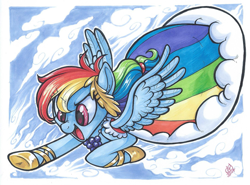 Size: 1803x1337 | Tagged: safe, artist:whitediamonds, rainbow dash, pegasus, pony, the best night ever, clothes, commissioner:ajnrules, cute, dashabetes, dress, female, flying, gala dress, mare, marker drawing, open mouth, solo, traditional art