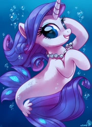 Size: 2196x3028 | Tagged: safe, artist:whitediamonds, rarity, pony, seapony (g4), unicorn, bubble, cute, female, horn, jewelry, looking at you, mare, necklace, pearl necklace, pretty, raribetes, seaponified, seapony rarity, smiling, solo, species swap, underwater