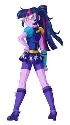 Size: 720x1280 | Tagged: safe, artist:uotapo, edit, editor:alexlayer, sci-twi, twilight sparkle, equestria girls, boots, clothes, cropped, crystal prep shadowbolts, female, glasses, hand on hip, looking back, multicolored hair, phone wallpaper, ponytail, shoes, shorts, simple background, skirt, solo, transparent background