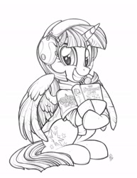 Size: 1583x2048 | Tagged: safe, artist:whitediamonds, twilight sparkle, twilight sparkle (alicorn), alicorn, pony, book, female, headphones, headset, league of legends, mare, sketch, smiling, solo, traditional art