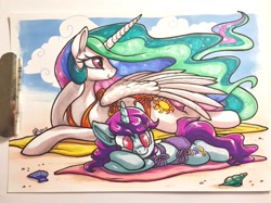 Size: 2048x1534 | Tagged: safe, artist:whitediamonds, princess celestia, oc, oc:blooming corals, alicorn, pony, beach, clothes, cloud, duo, female, mare, sand, side-tie bikini, swimsuit, towel, traditional art