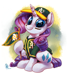 Size: 1829x2048 | Tagged: safe, alternate version, artist:whitediamonds, rarity, pony, unicorn, baseball, baseball cap, button-up shirt, cap, clothes, cute, eye black (makeup), eyeshadow, face paint, female, flag, hat, hoof hold, looking at you, makeup, mare, mlb, oakland athletics, raribetes, shirt, sitting, smiling, solo, sports