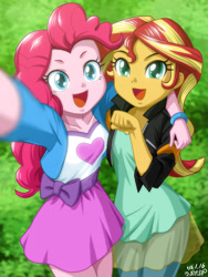 Size: 902x1200 | Tagged: safe, artist:uotapo, pinkie pie, sunset shimmer, equestria girls, bracelet, clothes, cute, diapinkes, duo, duo female, female, happy, humans doing horse things, jacket, jewelry, looking at you, moe, open mouth, selfie, shimmerbetes, signature, skirt, smiling, uotapo is trying to murder us