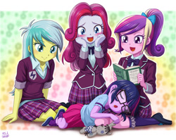 Size: 1254x1000 | Tagged: safe, artist:uotapo, idw, dean cadance, lemony gem, princess cadance, sci-twi, smarty pants, twilight sparkle, equestria girls, blushing, book, clothes, colored pupils, crystal prep academy uniform, cute, cutedance, diamond rose, equestria girls-ified, eyes closed, female, glasses, isaac newton, open mouth, pleated skirt, ponytail, reading, school uniform, shoes, skirt, sleeping, smiling, socks, sweet dreams fuel, teen princess cadance, twiabetes, uotapo is trying to murder us, weapons-grade cute, younger