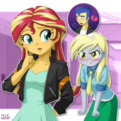 Size: 1000x1002 | Tagged: safe, artist:uotapo, derpy hooves, flash sentry, sunset shimmer, equestria girls, angry, blushing, canterlot high, clothes, colored pupils, confused, derpy the shipper, duo, eyes closed, female, grumpy, hallway, heart, heartbreak, jacket, lockers, looking back, male, necktie, open mouth, puffy cheeks, school, shipper on deck, signature, skirt, sweat, sweatdrop, thought bubble