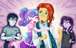 Size: 1400x880 | Tagged: safe, artist:uotapo, princess flurry heart, shining armor, starlight glimmer, sunburst, equestria girls, angry, blushing, clothes, colored pupils, cracking knuckles, cross-popping veins, cute, equestria girls-ified, eyes closed, father and child, father and daughter, female, flurrybetes, flurryburst, glasses, hug, hug from behind, implied starburst, jealous, male, off shoulder, older, open mouth, overprotective, overprotective armor, pants, papa bear, papa wolf, parent and child, priest, shipping, shirt, shoes, skirt, smiling, sunburst gets all the mares, sweat, sweatdrop, this will end in death, this will not end well