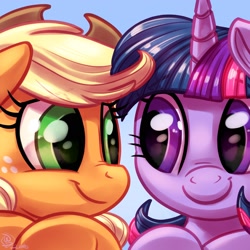 Size: 1800x1800 | Tagged: safe, alternate version, artist:whitediamonds, applejack, twilight sparkle, earth pony, pony, applejack's hat, cowboy hat, cute, eye contact, female, hat, jackabetes, lesbian, looking at each other, mare, shipping, smiling, twiabetes, twijack