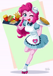 Size: 832x1200 | Tagged: safe, artist:uotapo, pinkie pie, coinky-dink world, eqg summertime shorts, equestria girls, equestria girls series, pinkie pie: snack psychic, abstract background, apron, blushing, burger, carhop, clothes, cute, diapinkes, doll, dress, drink, equestria girls minis, female, food, french fries, hat, headset, one eye closed, pie, roller skates, server pinkie pie, skirt, solo, toy, waitress, wink