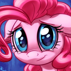 Size: 1800x1800 | Tagged: safe, artist:whitediamonds, pinkie pie, pony, abstract background, commission, crying, cute, floppy ears, looking at you, profile, sad, sadorable, smiling, solo