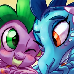 Size: 1800x1800 | Tagged: safe, artist:whitediamonds, princess ember, spike, dragon, blushing, commission, cute, dragoness, emberspike, female, looking at each other, male, married, married couple, one eye closed, ring, shipping, spikabetes, straight, wedding ring, wink