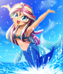 Size: 1000x1173 | Tagged: safe, artist:uotapo, sunset shimmer, mermaid, equestria girls, adorasexy, armpits, belly button, bikini top, blushing, breasts, clothes, colored pupils, cute, female, happy, looking at you, mermaidized, midriff, open mouth, sexy, shimmerbetes, smiling, solo, species swap, splash, sunlight, water