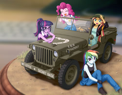 Size: 1200x935 | Tagged: safe, artist:uotapo, pinkie pie, rainbow dash, sci-twi, sunset shimmer, twilight sparkle, equestria girls, car, clothes, eyes closed, female, glasses, jacket, jeep, looking at you, my little secret base, open mouth, pants, shirt, shoes, smiling, willys jeep