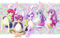 Size: 1500x960 | Tagged: safe, artist:uotapo, apple bloom, diamond tiara, scootaloo, silver spoon, sweetie belle, equestria girls, adorabloom, barefoot, blushing, bunny ears, bunny tail, clothes, cute, cutealoo, cutie mark, cutie mark crusaders, diamondbetes, diasweetes, easter, easter egg, egg, feet, female, glasses, holiday, looking at you, one eye closed, open mouth, pants, silverbetes, skirt, uotapo is trying to murder us, wink