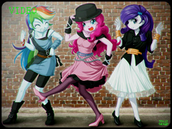 Size: 1200x897 | Tagged: safe, artist:uotapo, pinkie pie, rainbow dash, rarity, equestria girls, anime, boots, bracelet, chromatic aberration, clothes, cute, cyndi lauper, dancing, dress, eyes closed, female, gloves, happy, hat, jewelry, looking at you, open mouth, pantyhose, rainbow dash always dresses in style, raribetes, shoes, skirt, smiling, style emulation, top hat