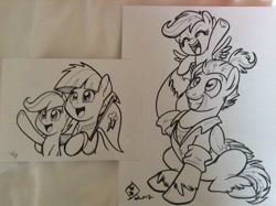 Size: 1024x764 | Tagged: safe, artist:latecustomer, artist:whitediamonds, bow hothoof, scootaloo, windy whistles, pegasus, pony, monochrome, scootalove, traditional art