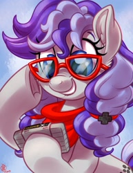 Size: 2550x3300 | Tagged: safe, artist:whitediamonds, oc, oc only, oc:cinnabyte, earth pony, pony, ear fluff, female, final fantasy, final fantasy iii, game cartridge, glasses, mare, neckerchief, pigtails, smiley face, solo, super nintendo, underhoof