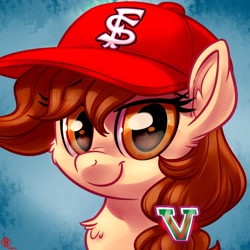 Size: 1800x1800 | Tagged: safe, alternate version, artist:whitediamonds, oc, oc only, oc:vanilla creame, pegasus, pony, baseball cap, cap, commission, female, fresno state bulldogs, hat, looking at you, mare, smiling, smirk, solo, sports