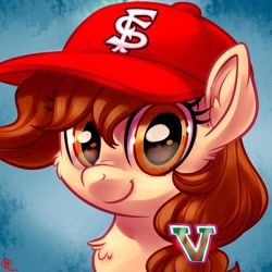 Size: 1800x1800 | Tagged: safe, artist:whitediamonds, oc, oc only, oc:vanilla creame, pegasus, pony, baseball cap, cap, commission, cute, female, fresno state bulldogs, hat, looking at you, mare, smiling, solo, sports