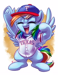 Size: 2550x3300 | Tagged: safe, artist:whitediamonds, rainbow dash, pegasus, pony, abstract background, baseball, baseball cap, cap, cheering, clothes, commissioner:ajnrules, cute, dashabetes, eyes closed, female, frog (hoof), hat, mare, mlb, open mouth, sports, texas, texas rangers, underhoof