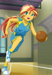 Size: 551x793 | Tagged: safe, artist:uotapo, edit, sunset shimmer, equestria girls, armpits, ball is life, basketball, basketball court, canterlot high, clothes, cropped, cute, female, gym, jersey, ponytail, shoes, smiling, sneakers, socks, solo, sports shorts, sunset helper, tennis shoes, wondercolts