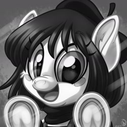 Size: 1800x1800 | Tagged: safe, alternate version, artist:whitediamonds, oc, oc:isabelle incraft, oc:izzy, earth pony, pony, against glass, beret, frog (hoof), glass, hat, mime, monochrome, underhoof