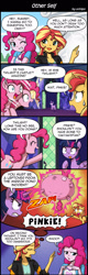 Size: 800x2504 | Tagged: safe, artist:uotapo, pinkie pie, sunset shimmer, twilight sparkle, twilight sparkle (alicorn), alicorn, earth pony, pony, unicorn, equestria girls, not asking for trouble, too many pinkie pies, clothes, comic, dialogue, female, imminent death, inflation, magic, mare, murder, smiling, speech bubble, this will end in death, thought bubble, trigger happy twilight