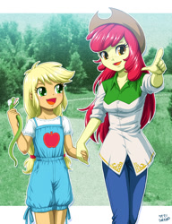 Size: 900x1172 | Tagged: safe, artist:uotapo, apple bloom, applejack, snake, equestria girls, adorabloom, age swap, alternate universe, beautiful, clothes, cowboy hat, cute, duo, female, freckles, hat, holding hands, inverse, jackabetes, older, pants, role reversal, shirt, siblings, sisters, smiling, stetson, uotapo is trying to murder us, younger