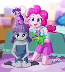Size: 1200x1326 | Tagged: safe, artist:uotapo, gummy, maud pie, pinkie pie, twilight sparkle, pony, equestria girls, age swap, blouse, clothes, cute, diapinkes, dress, duo, female, hand puppet, maudabetes, pigtails, plushie, puppet, rock, role reversal, shorts, sisters, skirt, socks, that pony sure does love rocks, twintails, uotapo is trying to murder us, younger