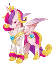 Size: 600x719 | Tagged: safe, artist:theuselesstoe, prince bolero, princess cadance, alicorn, changeling, pony, clothes, male, rapeface, rule 63, simple background, solo, stallion, white background