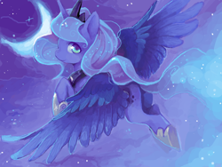 Size: 600x450 | Tagged: safe, artist:theuselesstoe, princess luna, alicorn, pony, female, flying, jewelry, mare, moon, night, regalia, s1 luna, scenery, solo, stars